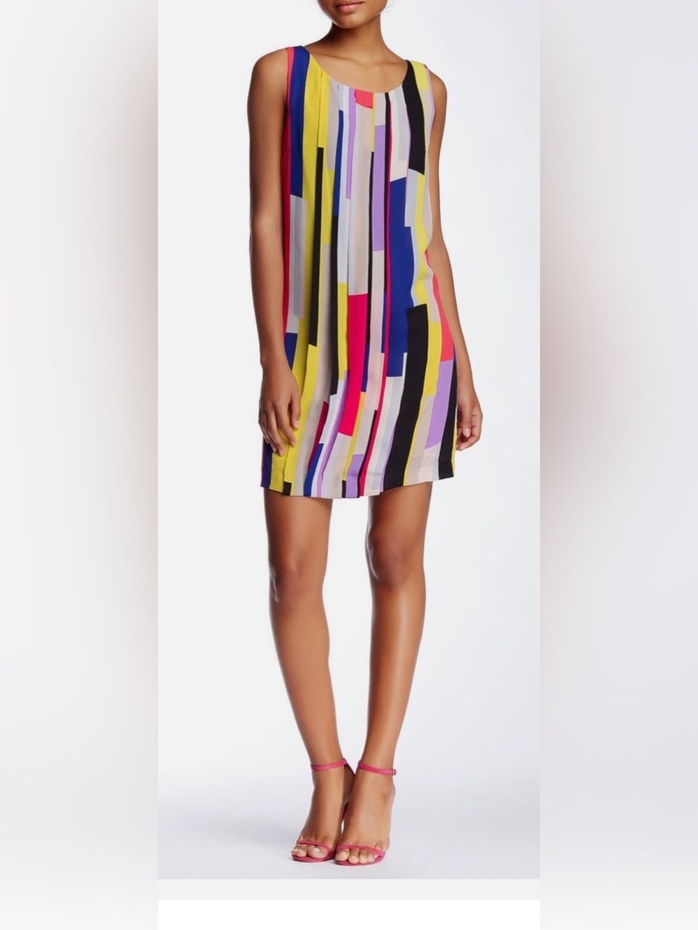 1.STATE Sleeveless Multicolor Stripe Shift  Pintuck Pleat Shift Dress
